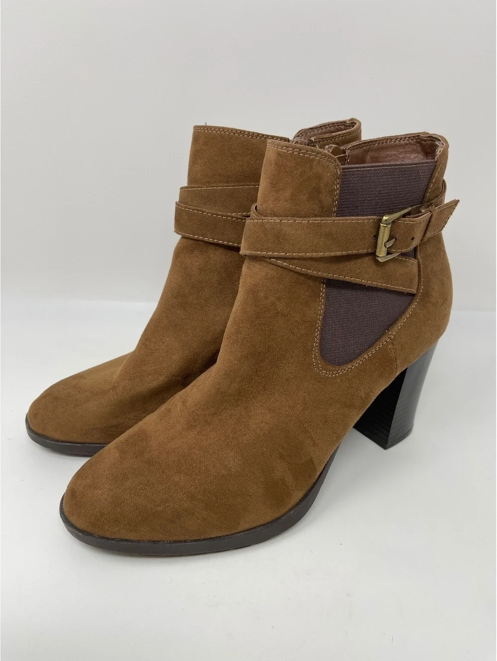 Style & Co Brown Faux Suede Ankle Boots Women's Size 8M Heel Buckle Zip Booties